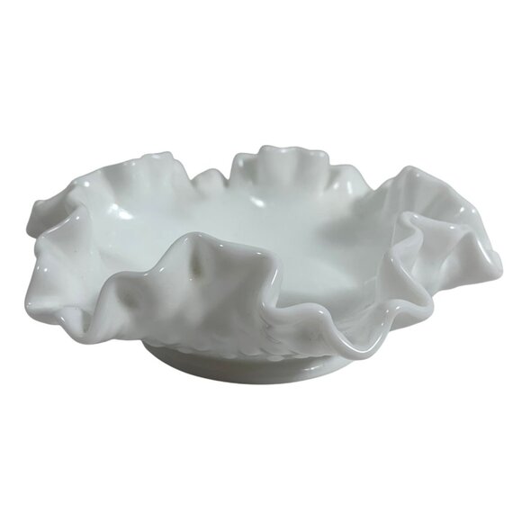 Fenton Hobnail Ruffled White Milk Glass Candy Bowl Decorative Serving Dish VTG - Picture 8 of 14